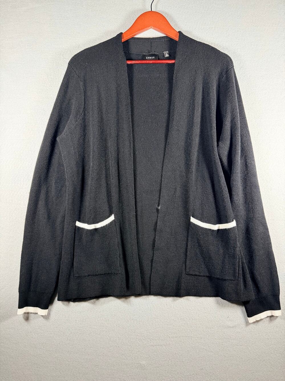 Cyrus Women’s L Cardigan Sweater Black Open Front Contrast Trim Pockets